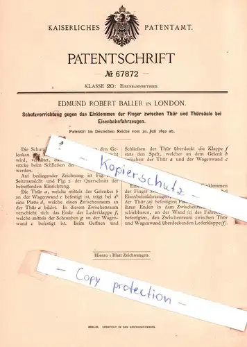 original Patent - Edmund Robert Baller in London , 1892 , Eisenbahnbetrieb !!!