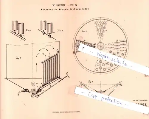 original Patent -  W. Greiner in Berlin , 1884 , Neuerung an Vacuum-Kochapparaten !!!