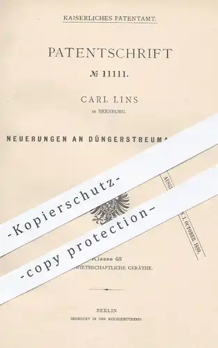 original Patent - Carl Lins , Bernburg , 1879 , Düngerstreumaschinen | Dünger - Streumaschinen , Landwirtschaft , Düngen