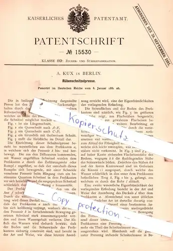 original Patent - A. Kux in Berlin , 1881 , Rübenschnitzelpresse !!!