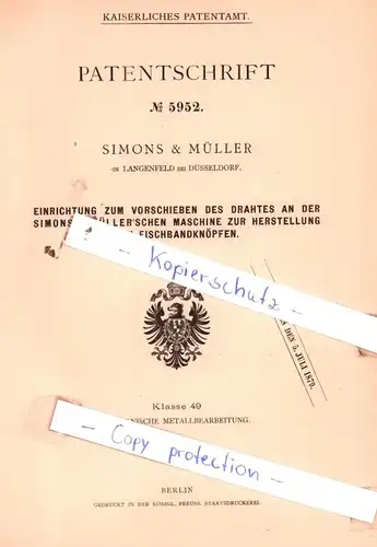 original Patent - Simons & Müller in Langenfeld bei Düsseldorf , 1878 , Verschieben des Drahtes !!!