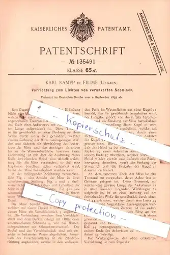 Original Patent  -  Karl Rampp in Fiume , Ungarn , 1899 , Vorrichtung zum Lichten von Seeminen !!!