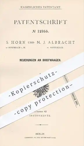 original Patent - S. Horn , Offenbach / M. J. Albracht , Amsterdam , 1880 , Briefwaage | Briefwaagen , Waage , Waagen !!