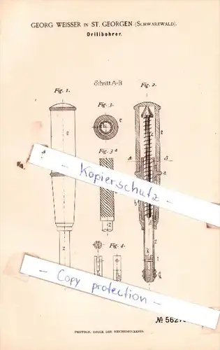 Original Patent  - Georg Weisser in St. Georgen , Schwarzwald , 1890 , Drillbohrer !!!