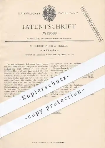 original Patent - M. Scheithauer in Berlin , 1884 , Aschbecher , Aschenbecher | Rauchen , Tabak , Zigaretten , Asche !!