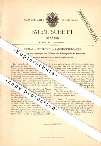 Original Patent - Richard Reckleben in Langenweddingen b. Sülzetal , 1888 , Apparat für Wasserwerk , Abwasser !!!