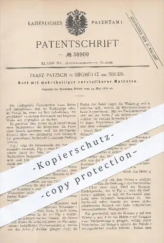 original Patent - F. Patzsch , Sieghütte / Siegen , 1886 , Bett mit verstellbarer Matratze , Betten , Möbel , Sessel !!