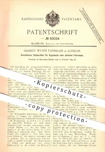 original Patent - Herbert Wynne Fairbrass in London , 1895 , Einziehbarer Schwertkiel für Segelboote , Boote , Schiffe !