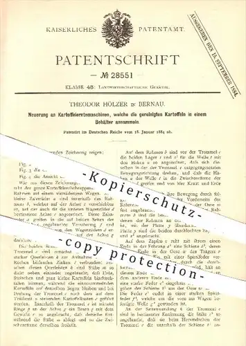 original Patent - Th. Hölzer , Bernau , 1884 , Kartoffelerntemaschine mit Sammelbehälter für Kartoffeln , Landwirtschaft