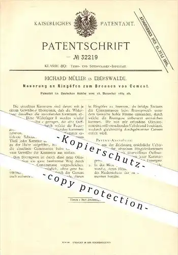 original Patent - Richard Müller in Eberswalde , 1884 , Ringofen zum Brennen von Zement , Ofen , Öfen , Ofenbauer !!!