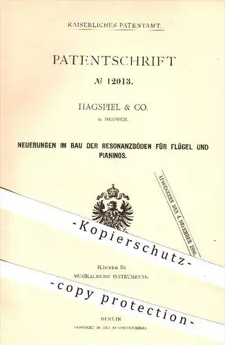 original Patent - Hagspiel & Co. in Dresden , 1880 , Bau der Resonanzböden für Flügel u. Pianinos , Piano , Klavier !!!
