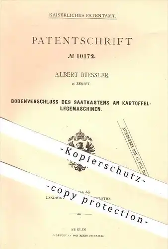 original Patent - Albert Riessler in Zerbst , 1879 , Saatkasten an Kartoffellegemaschinen , Kartoffeln , Landwirtschaft