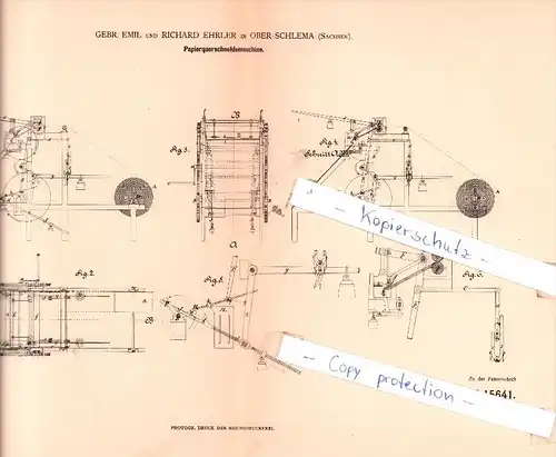 Original Patent - R. Ehrler in Ober-Schlema , Sachsen , 1880 , Papierschneidemaschine , Papierfabrik , Papier !!!