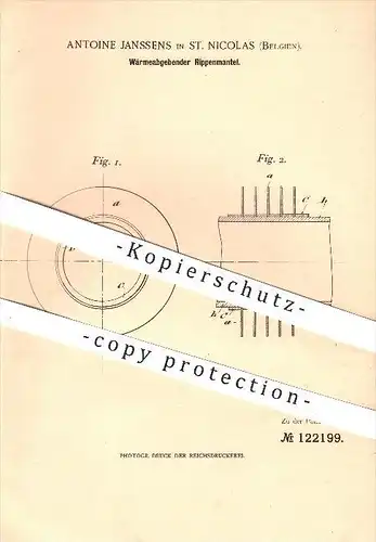 original Patent - Antoine Janssens in Saint-Nicolas , Belgien , 1900 , Wärmeabgebender Rippenmantel , Heizung