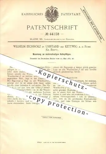 original Patent - Wilhelm Eichholz in Umstand bei Kettwig a. d. Ruhr , 1887 , Kehrpflug , Pflug , Pflügen , Ackerbau !!!