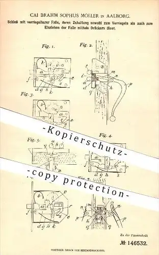 original Patent - Cai Brahm Sophus Möller in Aalborg , 1903 , Schloss mit verriegelbarer Falle , Türschloss , Tür !!!