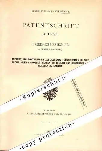 Original Patent - Friedrich Briegleb in Henfenfeld , Oberbayern , 1879 , Apparat für Flüssigkeiten , Henfeld !!!