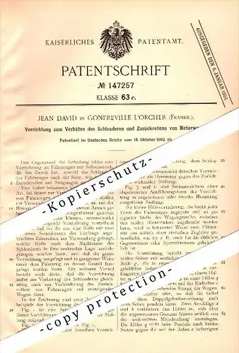 Original Patent - Jean David in Gonfreville-l’Orcher , 1902 , Apparatus against skidding of motor vehicles , automobile