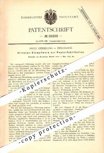 Original Patent - Fritz Henseling in Delligsen , 1883 , Circular-Stampfwerk für Papier , Papierfabrik !!!