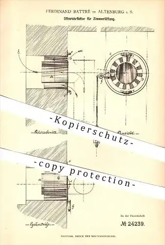 original Patent - Ferdinand Battré in Altenburg i. S. , 1883 , Ofenrohrfutter für Zimmerlüftung , Ofenbau , Gebläse !!!