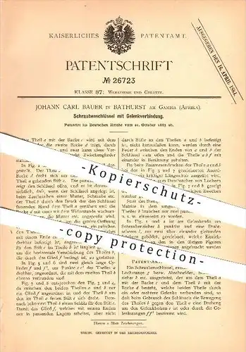 original Patent - J.C. Bauer in Bathurst am Gambia , Afrika , 1883 , Schraubenschlüssel mit Gelenkverbindung , Banjul !!