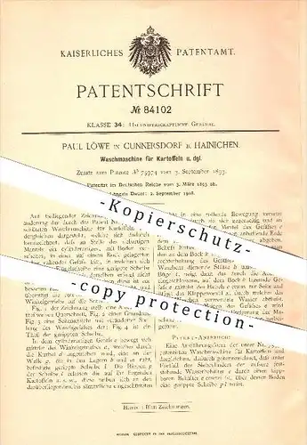 original Patent - Paul Löwe in Cunnersdorf b. Hainichen , 1895 , Waschmaschine für Kartoffeln , Haushalt !!!