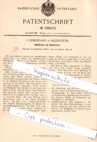 Original Patent - J. Nebendahl in Hildesheim , 1899 ,  Ablußrohr mit Schlitzrinne !!!