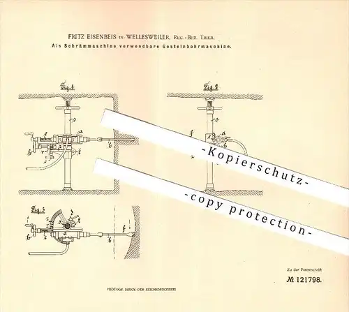 original Patent - Fritz Eisenbeis in Wellesweiler b. Neunkirchen , 1899 , Gesteinbohrmaschine , Bergbau !!!