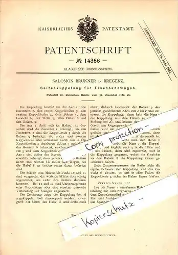 Original Patent - Salomon Brunner in Bregenz , Vorarlberg , 1880 , Seitenkupplung für Eisenbahn !!!