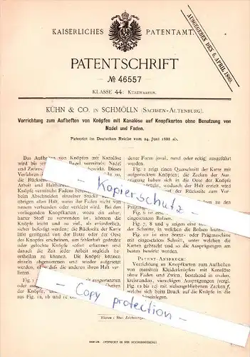 Original Patent  - Kühn & Co. in Schmölln , Sachsen - Altenburg , 1888 , Aufheften von Knöpfen  !!!