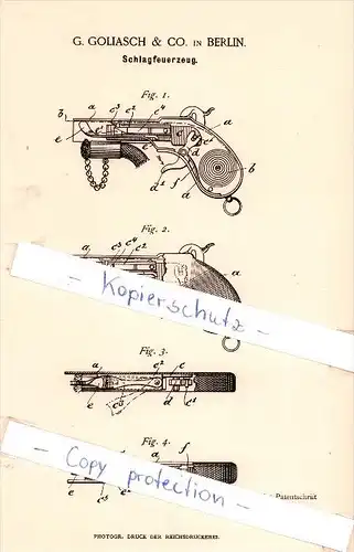Original Patent  - G. Goliasch & Co. in Berlin , 1886 , Schlagfeuerzeug , Feuerzeug !!!