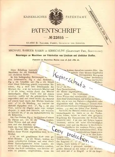 Original Patentschrift - M. Barker Nairn in Kirkcaldy , Scotland , 1882 , Machine for the manufacture of linoleum !!!