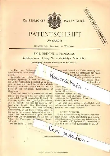 Original Patent - P.L. Brendel in Pirmasens , 1888 , Antrieb für dreirädrige Fahrräder , Fahrrad , bicycle !!!