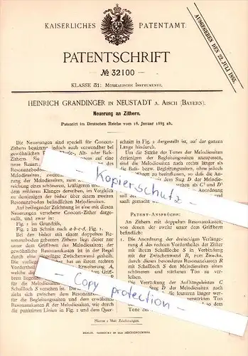 Original Patent  - H. Grandinger in Neustadt a. Aisch , Bayern , 1885 , Neuerung an Zithern , Musikalien , Musik !!!