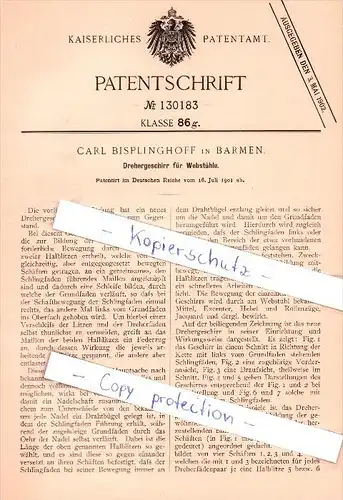 Original Patent  - Carl Bisplinghoff in Barmen , 1901 , Drehergeschirr für Webstühle !!!