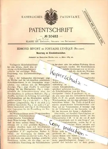 Original Patent - Edmond Bivort in Fontaine-l'Éveque , 1884 , Eisenbahnweiche , Eisenbahn , Weiche !!!