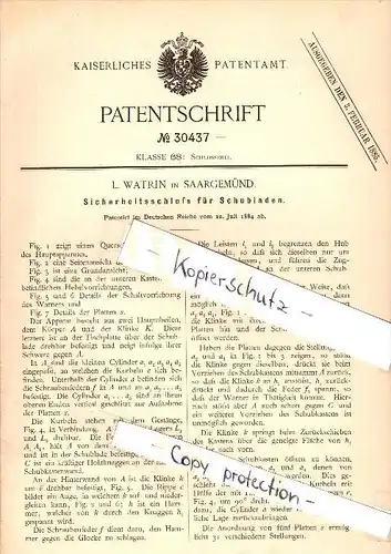 Original Patent -  L. Watrin à Saargemünd / Sarreguemines , 1884 , Verrouillage de sécurité pour les tiroirs !!!