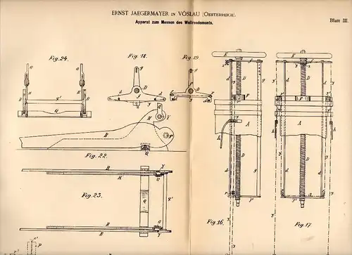 Original Patent -  Ernst Jaegermayer in Vöslau , 1887 , Messapparatt für Wolle !!!