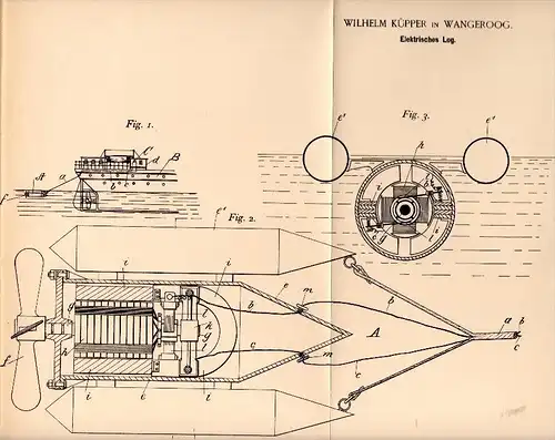 Original Patentschrift - Wilhelm Küpper in Wangerooge , 1895 , elektrisches Log , Schiffbau , Wangeroog !!!