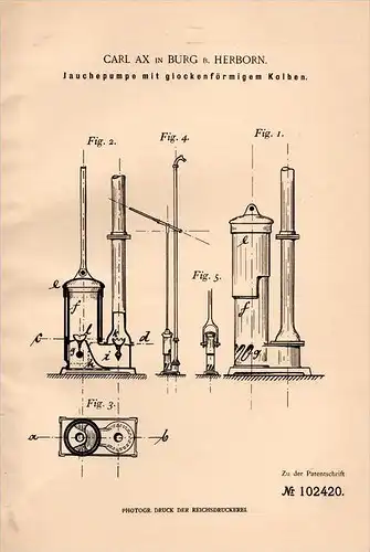 Original Patentschrift - Carl Ax in Burg b. Herborn , 1898 , Jauchepumpe , Pumpe , Landwirtschaft , Klärgrube !!!