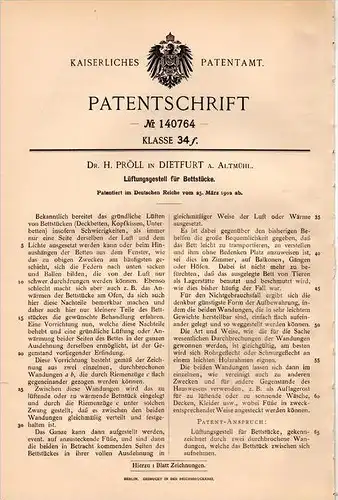 Original Patentschrift - Dr. H. Pröll in Dietfurt a. Altmühl , 1902 , Lüftungsgestell für Betten , Bett !!!