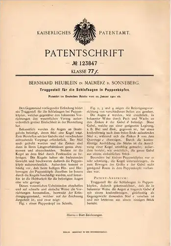 Original Patentschrift - B. Heublein in Malmerz , 1901 , Puppenkopf - Schlafaugen , Puppe , Sonneberg , Puppen !!!