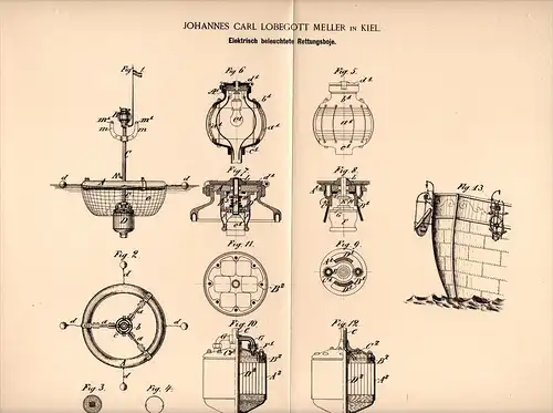 Original Patentschrift - J. Meller in Kiel , 1893 , beleuchtete Rettungsboje , Boje , Schiffahrt !!!