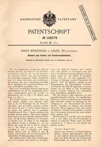 Original Patentschrift - E. Böhringer in Aalen , Württ., 1898 , Apparat für Flaschen - Mundstücke , Flasche , Glas !!!