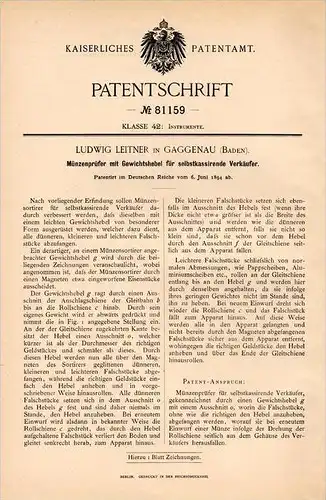 Original Patentschrift - L. Leitner in Gaggenau , 1894 , Münzenprüfer , für Verkaufsautomat , Münzen , Münze , Baden !!!