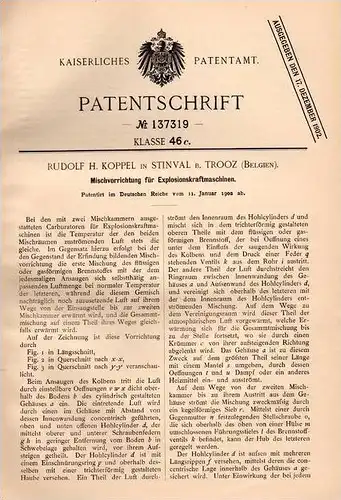 Original Patent  - R. Koppel in Stinval b. Sprimont ,1902, Apparat für Motoren , Carburator , Motor , Moteur , Trooz !!!