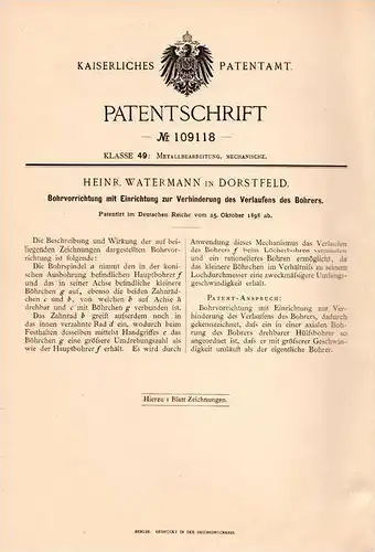 Original Patentschrift - H. Watermann in Dorstfeld - Dortmund , 1898 , Apparat für Bohrer , Bohrmaschine !!!