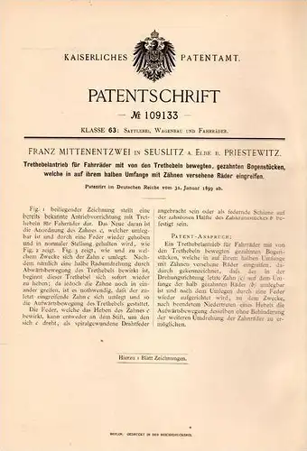 Original Patentschrift - F. Mittenentzwei in Seußlitz a. Elbe / Nünchritz , 1899 , Antrieb für Fahrrad , Priestewitz !!!