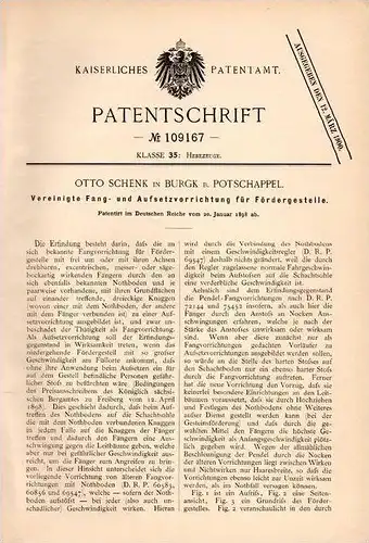 Original Patentschrift - O. Schenk in Burgk b. Potschappel ,1898, Fangapparat für Fördergestelle , Freital , Remptendorf