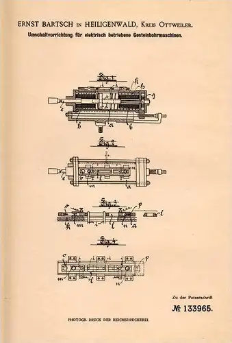 Original Patentschrift - E. Bartsch in Heiligenwald b. Ottweiler , 1901 , elektr. Gesteinbohrmaschine , Bergbau , Tunnel